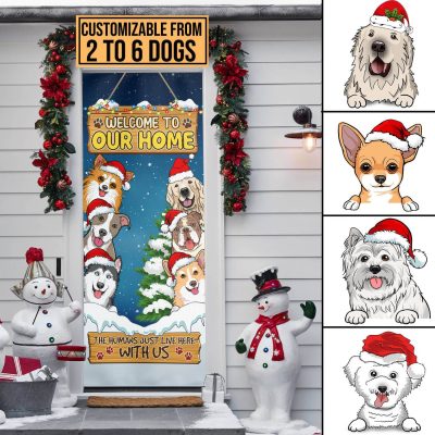 Welcome to Our Home Personalized Dog Breeds Door Cover - Custom Christmas Peeking Dogs Door Banner Decoration