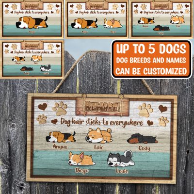 Personalized Dog Lazy Lying Beware Dog Hair Sticks To Everywhere Rectangle Wooden Door Sign