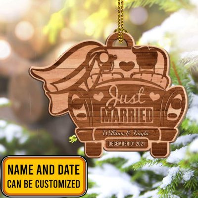 Alternative view of Personalized Just Married Wedding Car Ornament - Mr And Mrs Newlywed Couples Christmas Ornament