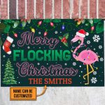 Personalized Family Name Merry Flocking Christmas Pink Flamingo Doormat - Funny Merry Christmas Doormat