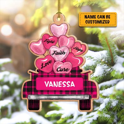 Alternative view of Personalized Christmas Truck Breast Cancer Awareness Pink Hope Survivor Custom Shaped Wooden Ornament