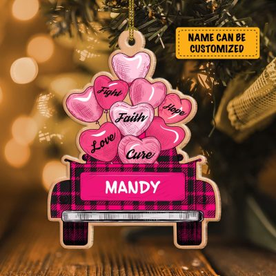 Personalized Christmas Truck Breast Cancer Awareness Pink Hope Survivor Custom Shaped Wooden Ornament