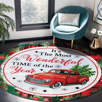 Vintage Truck It's The Most Wonderful Time Of The Year Christmas Xmas Decorative Indoor Round Rug