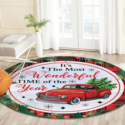 Alternative view of Vintage Truck It's The Most Wonderful Time Of The Year Christmas Xmas Decorative Indoor Round Rug