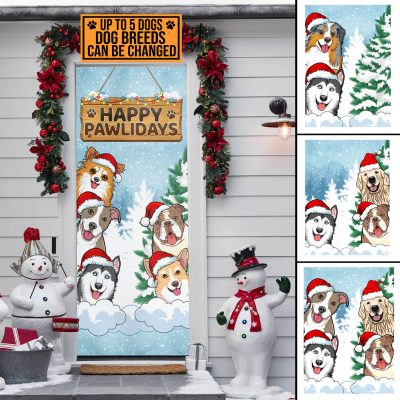 Happy Pawlidays Personalized Dog Breeds Door Cover - Custom Christmas Peeking Dogs Decorative Door Banner