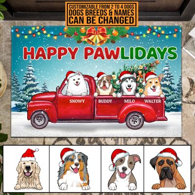 Personalized Dog Breeds Happy Pawlidays Indoor Outdoor Doormat - Custom Christmas Peeking Dogs Decorative Welcome Mat