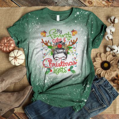Alternative view of My Favorite Color Is Christmas Lights Messy Bun Xmas Sublimation Bleached T-shirt - Christmas Bleached Tee For Women