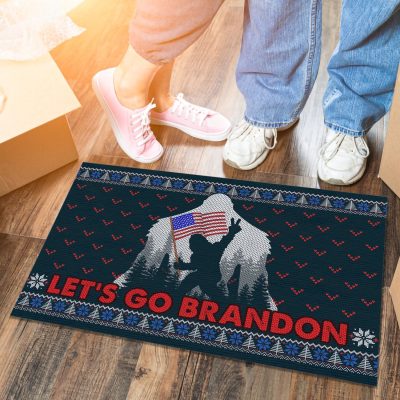 Alternative view of Let's Go Brandon Funny Bigfoot American Flag House Doormat - Funny Biden Outdoor Indoor Doormat