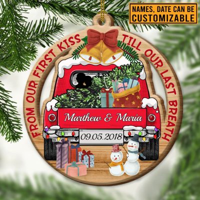 Alternative view of Personalized From Our First Kiss Till Our Last Breath Couple Red Truck Custom Shaped Wooden Christmas Ornament