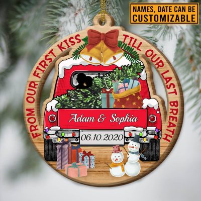 Personalized From Our First Kiss Till Our Last Breath Couple Red Truck Custom Shaped Wooden Christmas Ornament