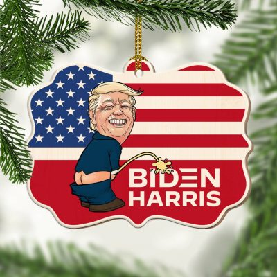 Trump Pissing On Biden Harris Custom Shaped Wooden Christmas Ornament Keepsake - Funny Biden Harris Ornament