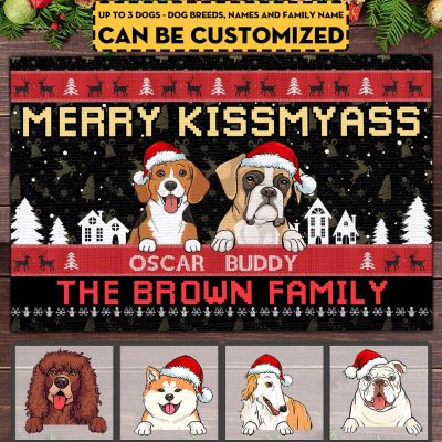 Personalized Dog Breeds Merry KissMyAss Christmas Doormat - Custom Family Name Mat For Dog Lovers