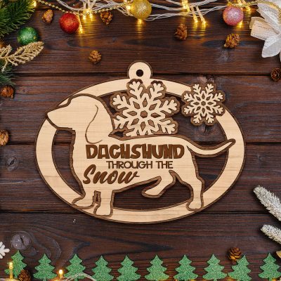 Alternative view of Dachshund Through Snow Custom Shaped Wooden Christmas Ornament
