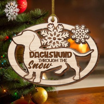Dachshund Through Snow Custom Shaped Wooden Christmas Ornament