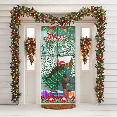Alternative view of Bigfoot Wearing Santa Hat Christmas Tree Merry Christmas Door Cover - Funny Christmas Decoration For Door