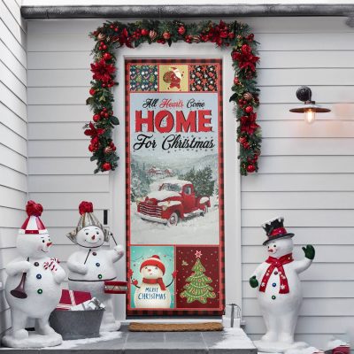 All Hearts Come Home for Christmas Door Cover - Holiday Red Truck Decoration for Door