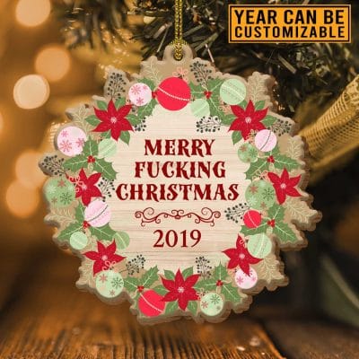 Alternative view of Personalized Merry Fuckin' Christmas Custom Shaped Wooden Christmas Ornament