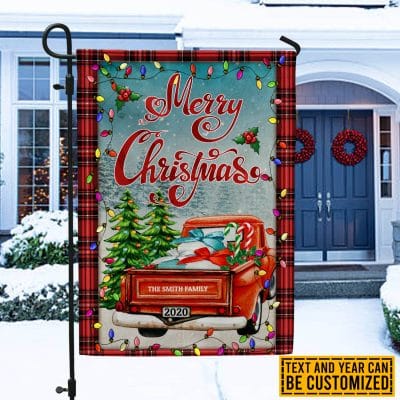 Personalized Merry Christmas Red Truck Outdoor House Flag - Custom Family Name Christmas Home Garden Flag