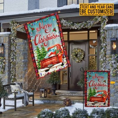 Alternative view of Personalized Merry Christmas Red Truck Outdoor House Flag - Custom Family Name Christmas Home Garden Flag