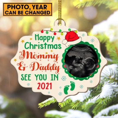 Alternative view of Personalized Photo Happy Christmas Mommy And Daddy See You In Custom Shaped Wooden Christmas Ornament Keepsake