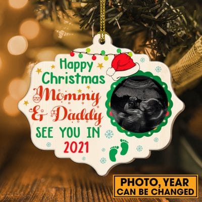 Personalized Photo Happy Christmas Mommy And Daddy See You In Custom Shaped Wooden Christmas Ornament Keepsake