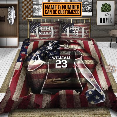 Personalized Football American Flag Bedding Set - Pillow and Duvet Cover - Football Lover Gifts