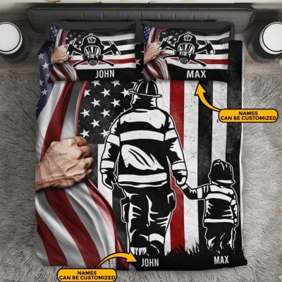 Personalized Firefighter Dad And Son American Flag Bedding Set - Firefighter Pillow and Duvet Cover