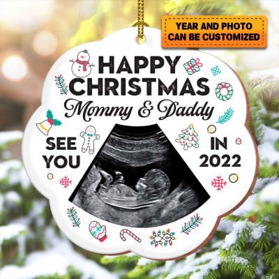 Alternative view of Personalized Photo Happy Christmas Mommy and Daddy Custom Shaped Wooden Ornament - Merry Christmas From The Bump