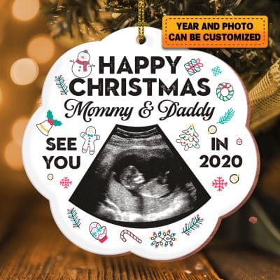 Personalized Photo Happy Christmas Mommy and Daddy Custom Shaped Wooden Ornament - Merry Christmas From The Bump