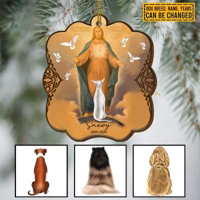 Personalized Dog Breed Pet In Hand Of Jesus Custom Shaped Wooden Christmas Ornament - Memorial Ornament For Dog Lovers