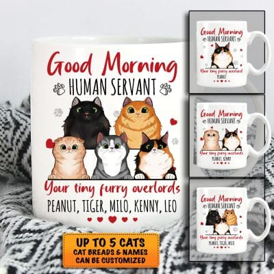 Good Morning Human Servant Your Tiny Furry Personalized Cat Breed Coffee Mug - Cat Lover Gifts - Water Bottle