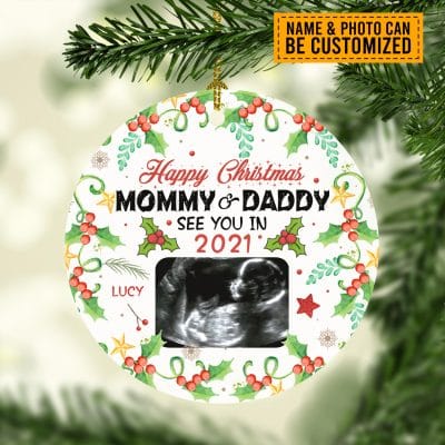 Alternative view of Custom Photo Mommy Daddy See You In 2023 2024 Personalized Baby Bump Christmas Circle Ornament Keepsake