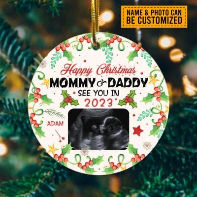 Custom Photo Mommy Daddy See You In 2023 2024 Personalized Baby Bump Christmas Circle Ornament Keepsake