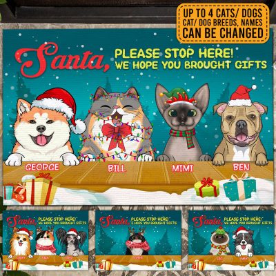 Custom Dog Cat Breeds Christmas Doormat Santa Please Stop Here We Hope You Brought Gifts Dog Lover Entrance Decorative Doormat