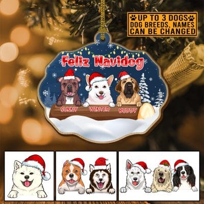 Feliz Navidog Personalized Dog Breed Custom Shaped Wooden Christmas Ornament - We Woof You a Merry Christmas
