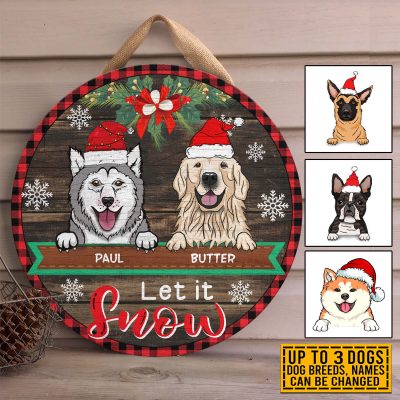 Personalized Dog Breeds Let It Snow Circle Wooden Door Sign - Custom Dog Christmas Front Porch Sign Outdoor Decor
