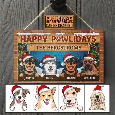 Custom Dog Breeds Sign Happy Pawlidays Christmas Decorative Rectangle Wooden Door Sign - Front Porch Sign Indoor Outdoor Decor