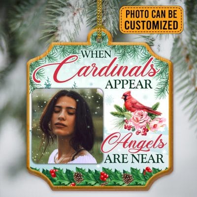 Alternative view of Personalized Photo When Cardinal Appear Angels Are Near Memorial Custom Shaped Wooden Christmas Ornament