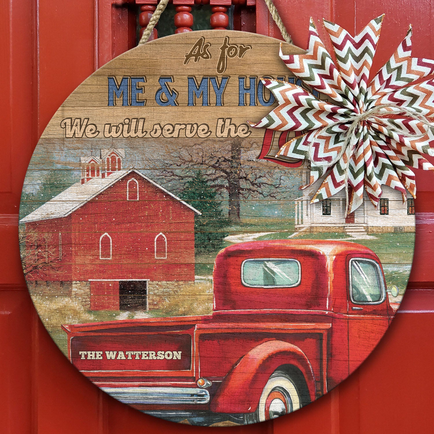 3VT. As For Me And My House Red Truck Sign (Sample Design) Door Sign Mockup 10