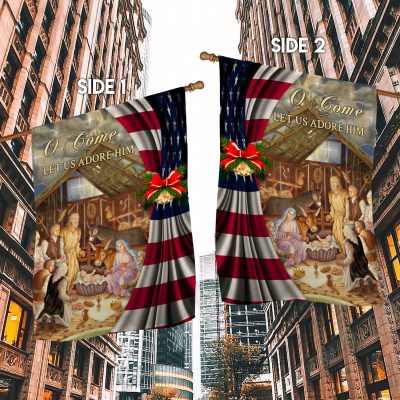 Alternative view of O Come Let Us Adore Him Nativity of Jesus American Outdoor House Flag - Home Garden Flag
