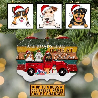 Alternative view of Personalized Dog Breed All Roads Lead Home At Christmas Custom Shaped Wooden Christmas Ornament Keepsake