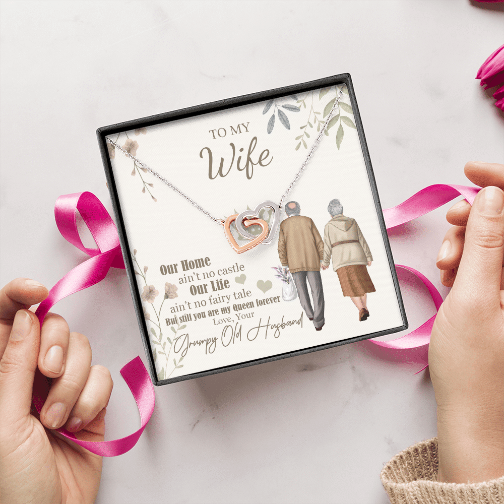 To My Wife Our Home Ain't No Castle From Your Grumpy Old Husband Interlocking Hearts Necklace