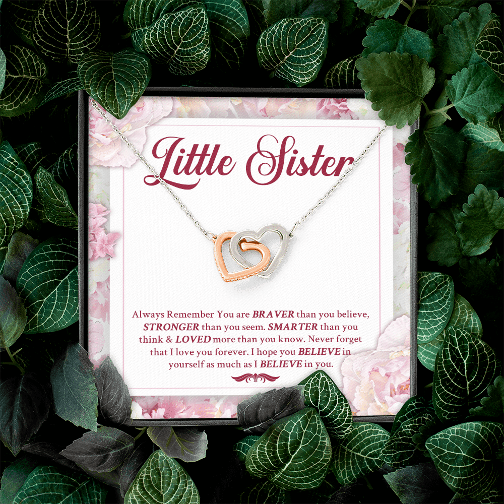 Little Sister Always Remember You Are Braver Than You Believe Stronger Than You Seem Interlocking Hearts Pendant Necklace