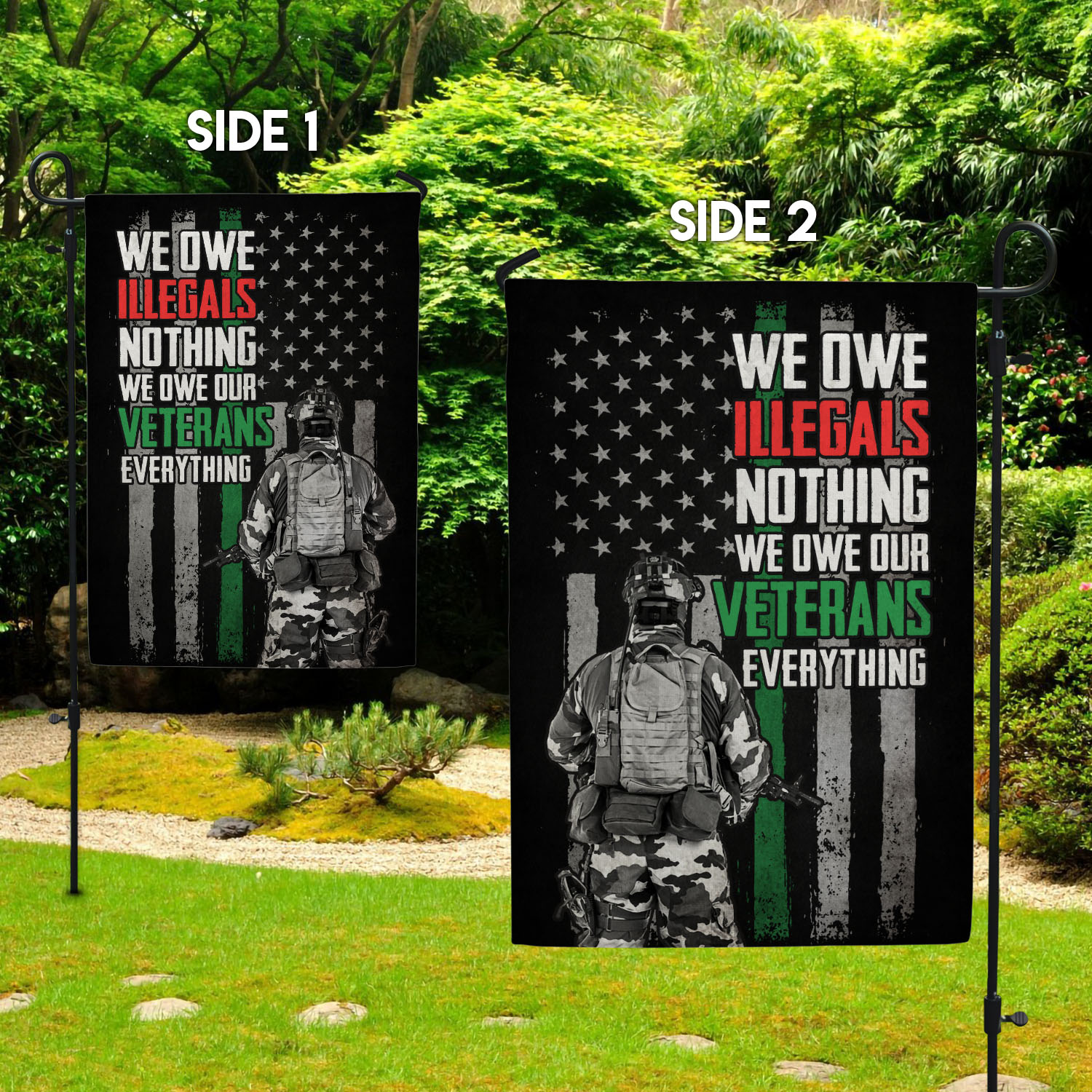 2VT. Veteran We Owe Illegals Flag Garden Flag Mockup 2 Side