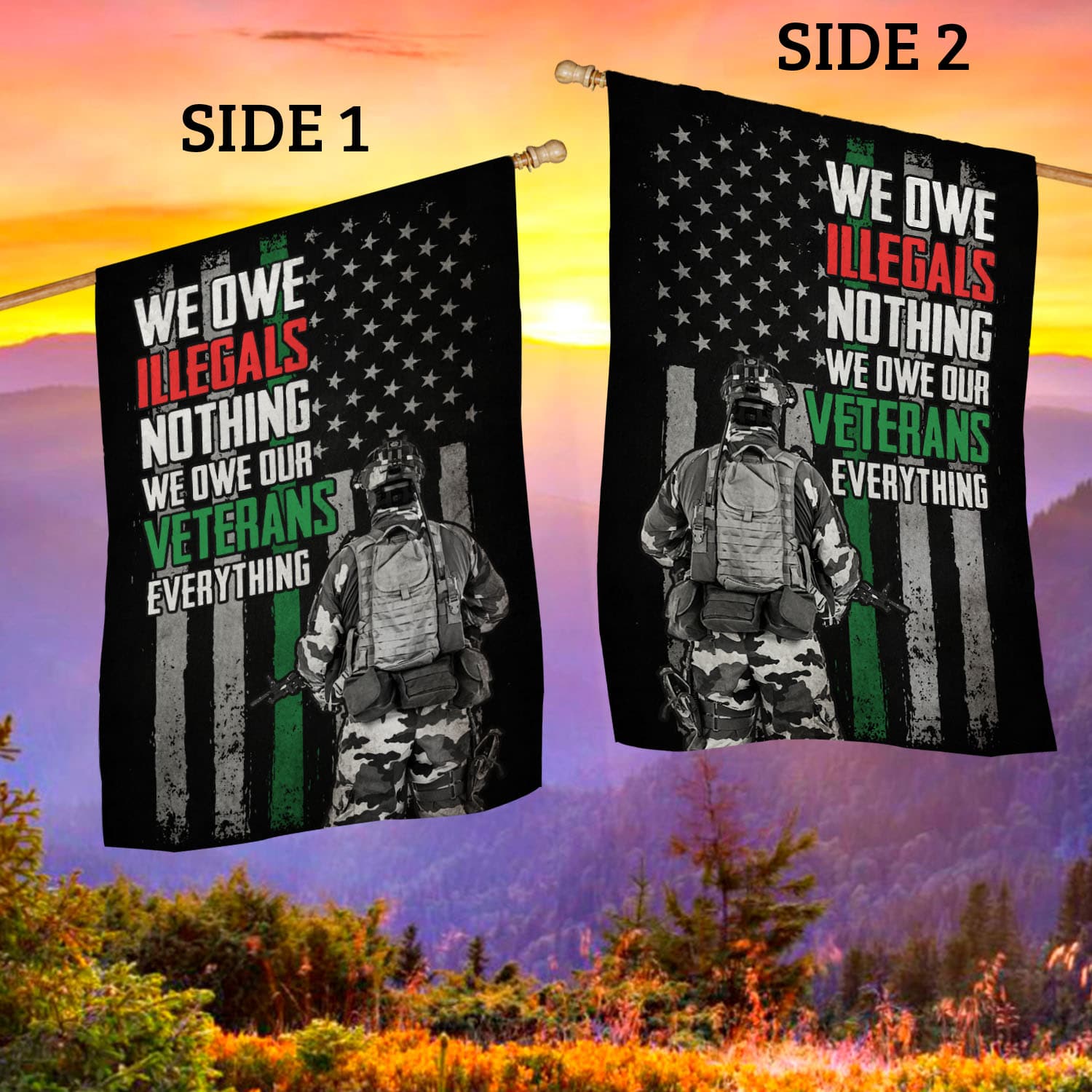 2VT. Veteran We Owe Illegals Flag House Flag Mockup 2 Side
