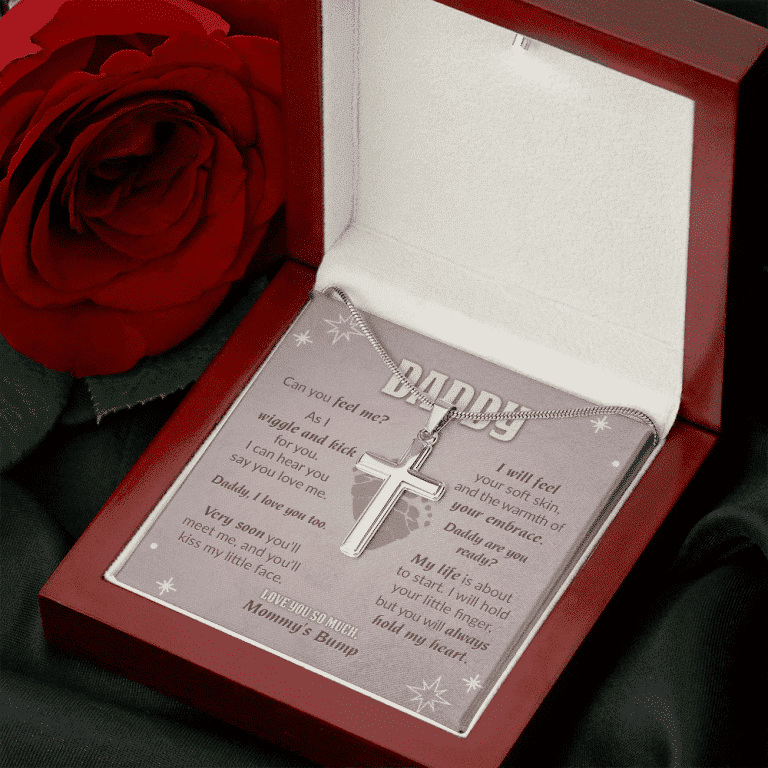 Daddy Can You Feel Me As I Wiggle And Kick For You Love You So Much Mommy's Bump Artisan Crafted Cross Necklace