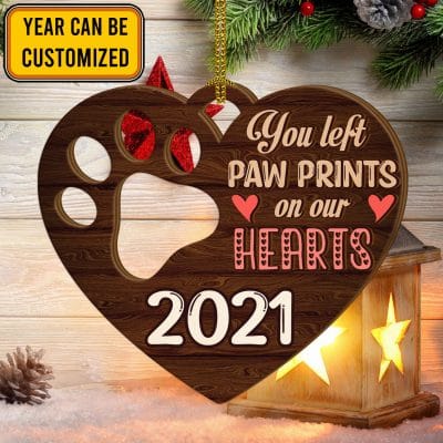 Alternative view of Personalized You Left Paw Prints On Our Hearts Pet Dog Cat Memorial Custom Shaped Wooden Christmas Ornament
