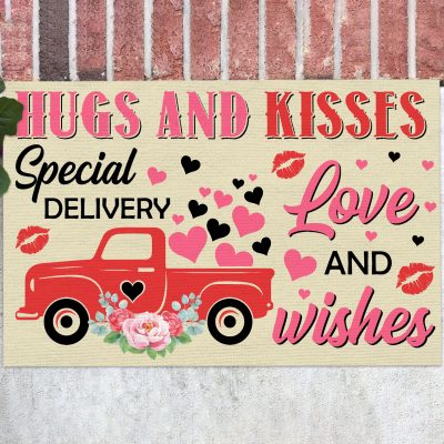 Hugs And Kisses Special Delivery Love And Wishes Valentine's Day Red Truck Outdoor Indoor Doormat Entrance