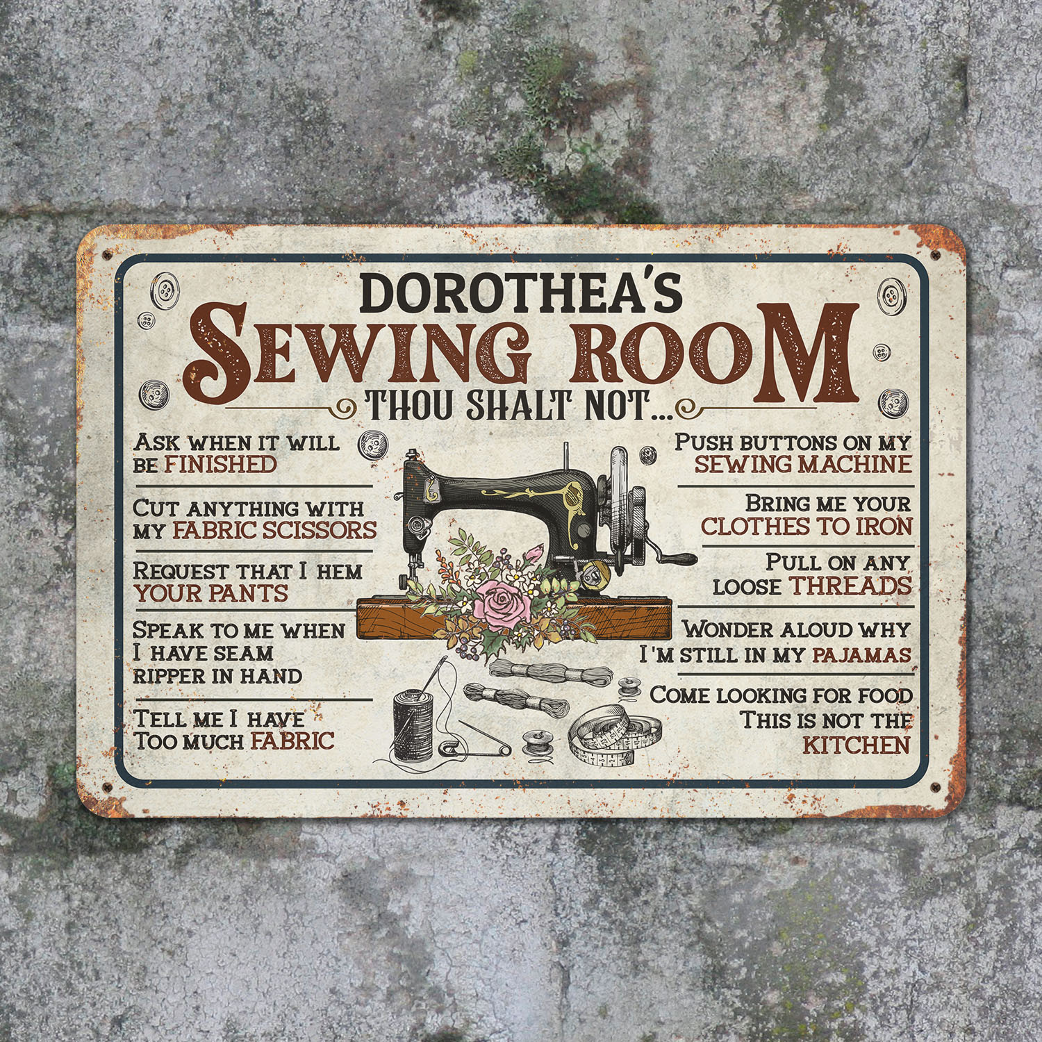 6VT. Sewing Room Thou Shalt Not (Sample Design) Metal Sign Mockup 12