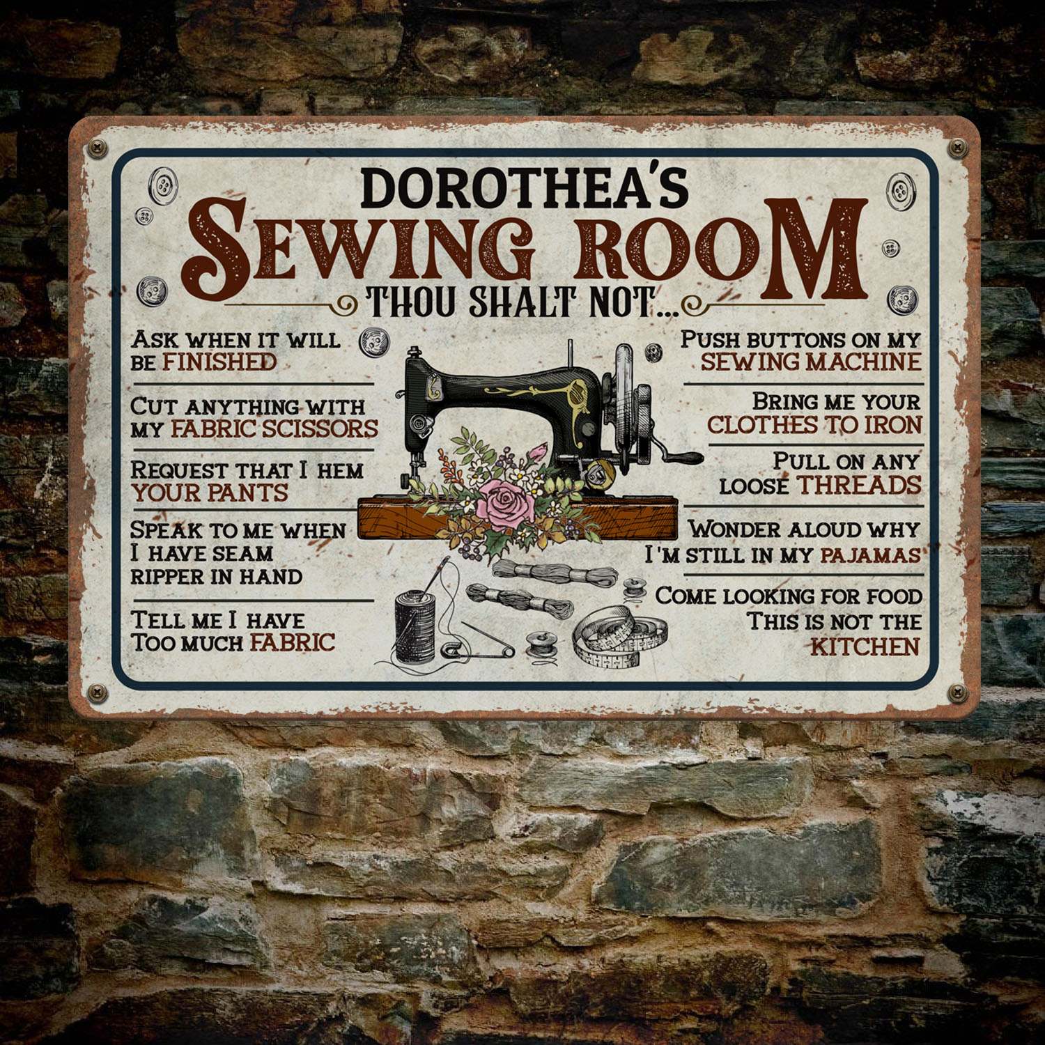 6VT. Sewing Room Thou Shalt Not (Sample Design) Metal Sign Mockup 7